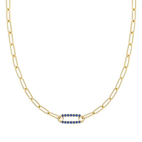 14k yellow gold Adelaide paperclip chain necklace featuring one link encrusted with 1.5 mm pavé sapphires - front view