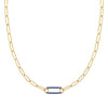 14k yellow gold Adelaide paperclip chain necklace featuring one link encrusted with 1.5 mm pavé sapphires - front view