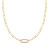 14k yellow gold Adelaide paperclip chain necklace featuring one link encrusted with 1.5 mm pavé pink sapphires - front view