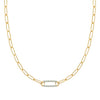 14k gold Adelaide paperclip chain necklace featuring one link encrusted with 1.5 mm pavé Nantucket blue topaz - front view