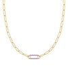 14k yellow gold Adelaide paperclip chain necklace featuring one link encrusted with 1.5 mm pavé amethysts - front view