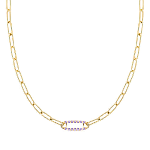 14k yellow gold Adelaide paperclip chain necklace featuring one link encrusted with 1.5 mm pavé amethysts - front view