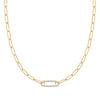 14k yellow gold Adelaide paperclip chain necklace featuring one link encrusted with 1.5 mm pavé aquamarines - front view