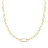 14k yellow gold Adelaide paperclip chain necklace featuring one link encrusted with 1.5 mm pavé white topaz - front view