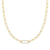 14k yellow gold Adelaide paperclip chain necklace featuring one link encrusted with 1.5 mm pavé diamonds - front view