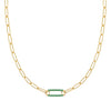 14k yellow gold Adelaide paperclip chain necklace featuring one link encrusted with 1.5 mm pavé emeralds - front view