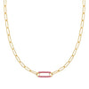 14k yellow gold Adelaide paperclip chain necklace featuring one link encrusted with 1.5 mm pavé rubies - front view