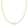 14k yellow gold Adelaide paperclip chain necklace featuring one link encrusted with 1.5 mm pavé peridots - front view