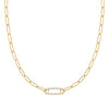 14k yellow gold Adelaide paperclip chain necklace featuring one link encrusted with 1.5 mm pavé white topaz - front view