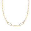 14k yellow gold Adelaide paperclip chain necklace featuring two links encrusted with 1.5 mm pavé white topaz - front view