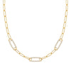 14k yellow gold Adelaide paperclip chain necklace featuring three links encrusted with 1.5 mm pavé white topaz - front view