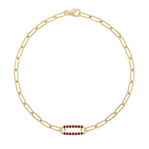 14k yellow gold Adelaide paperclip chain bracelet featuring one link encrusted with 1.5 mm pavé garnets - front view
