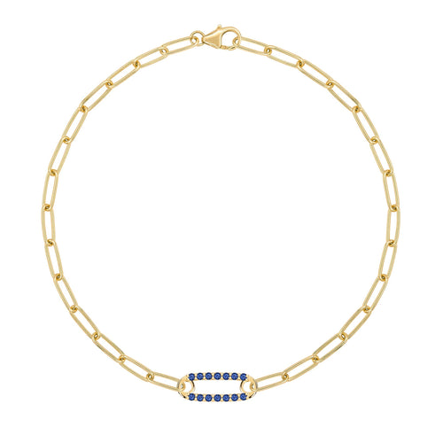 14k yellow gold Adelaide paperclip chain bracelet featuring one link encrusted with 1.5 mm pavé sapphires - front view