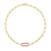 14k yellow gold Adelaide paperclip chain bracelet featuring one link encrusted with 1.5 mm pavé rubies - front view