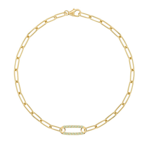 14k yellow gold Adelaide paperclip chain bracelet featuring one link encrusted with 1.5 mm pavé peridots - front view