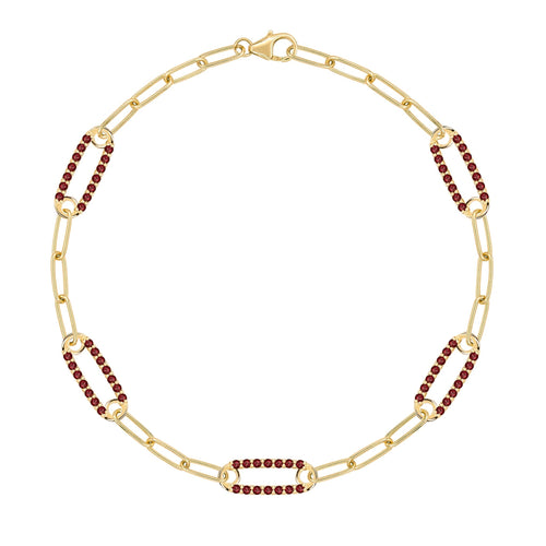 14k yellow gold Adelaide paperclip chain bracelet featuring five links encrusted with 1.5 mm pavé garnets - front view