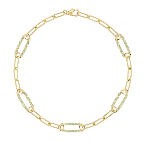 14k yellow gold Adelaide paperclip chain bracelet featuring five links encrusted with 1.5 mm pavé peridots - front view