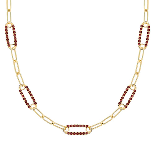 14k yellow gold Adelaide paperclip chain necklace featuring five links encrusted with 1.5 mm pavé garnets - front view