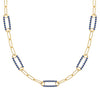 14k yellow gold Adelaide paperclip chain necklace featuring five links encrusted with 1.5 mm pavé sapphires - front view