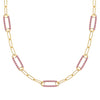 14k yellow gold Adelaide paperclip chain necklace featuring five links encrusted with 1.5 mm pavé pink sapphires - front view