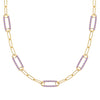 14k yellow gold Adelaide paperclip chain necklace featuring five links encrusted with 1.5 mm pavé amethysts - front view