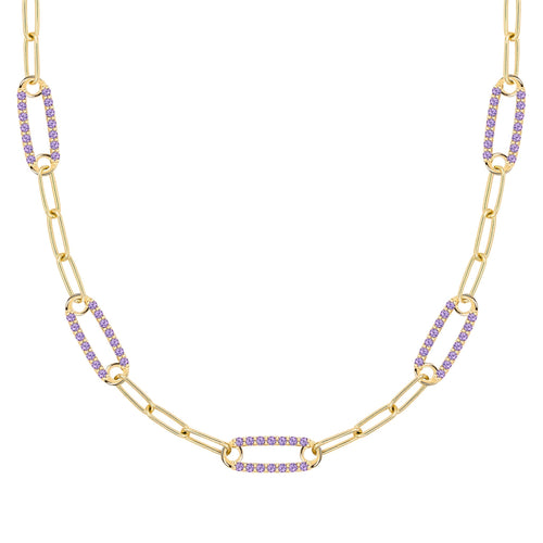 14k yellow gold Adelaide paperclip chain necklace featuring five links encrusted with 1.5 mm pavé amethysts - front view