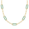 14k yellow gold Adelaide paperclip chain necklace featuring five links encrusted with 1.5 mm pavé emeralds - front view