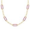 14k yellow gold Adelaide paperclip chain necklace featuring five links encrusted with 1.5 mm pavé rubies - front view