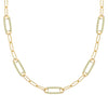 14k yellow gold Adelaide paperclip chain necklace featuring five links encrusted with 1.5 mm pavé peridots - front view
