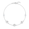 14k white gold cable chain bracelet featuring two birthstones and three 1/4” flat engraved letter discs, spelling Joy