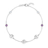 14k white gold cable chain bracelet featuring four birthstones and three 1/4” flat engraved letter discs, spelling Joy