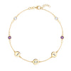14k yellow gold cable chain bracelet featuring four birthstones and three 1/4” flat engraved letter discs, spelling Joy