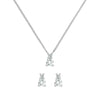 Pair of Greenwich earrings and a necklace in 14k white gold featuring 4 mm faceted round cut white topaz and 2.1 mm diamonds