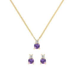 Greenwich Solitaire Amethyst & Diamond Necklace and Earrings Set in 14k Gold (February)