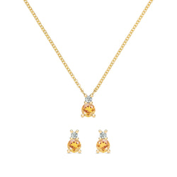 Greenwich Solitaire Citrine & Diamond Necklace and Earrings Set in 14k Gold (November)