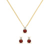 Pair of Greenwich gold earrings and a Greenwich gold necklace featuring 4 mm garnets and 2.1 mm diamonds - front view