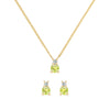 Pair of Greenwich gold earrings and a Greenwich gold necklace featuring 4 mm peridots and 2.1 mm diamonds - front view