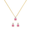 Pair of Greenwich earrings and a necklace in 14k gold featuring 4 mm pink tourmalines and 2.1 mm diamonds - front view