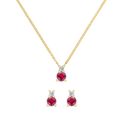 Greenwich Solitaire Ruby & Diamond Necklace and Earrings Set in 14k Gold (July)