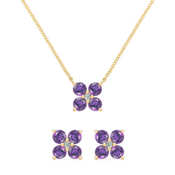 Greenwich 4 Amethyst & Diamond Necklace and Earrings Set in 14k Gold (February)