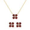Pair of Greenwich earrings and a necklace in 14k gold featuring 4 mm garnets and 2.1 mm diamonds - front view