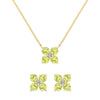 Pair of Greenwich earrings and a necklace in 14k gold featuring 4 mm peridots and 2.1 mm diamonds - front view