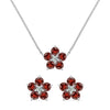 Pair of Greenwich earrings and a necklace in 14k white gold featuring 4 mm garnets and 2.1 mm diamonds