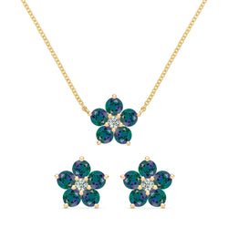 Greenwich Flower Alexandrite & Diamond Necklace and Earrings Set in 14k Gold (June)