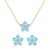 Pair of Greenwich earrings and a necklace in 14k gold featuring 4 mm Nantucket blue topaz and 2.1 mm diamonds - front view