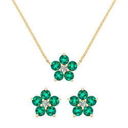 Greenwich Flower Emerald & Diamond Necklace and Earrings Set in 14k Gold (May)