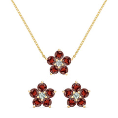 Greenwich Flower Garnet & Diamond Necklace and Earrings Set in 14k Gold (January)