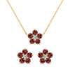 Pair of Greenwich earrings and a necklace in 14k gold featuring 4 mm garnets and 2.1 mm diamonds - front view