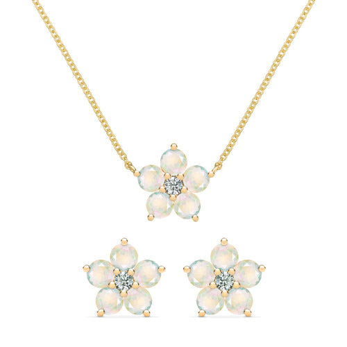 Pair of Greenwich earrings and a necklace in 14k yellow gold featuring 4 mm opals and 2.1 mm diamonds - front view