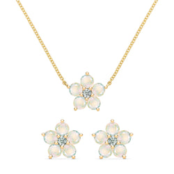 Greenwich Flower Opal & Diamond Necklace and Earrings Set in 14k Gold (October)